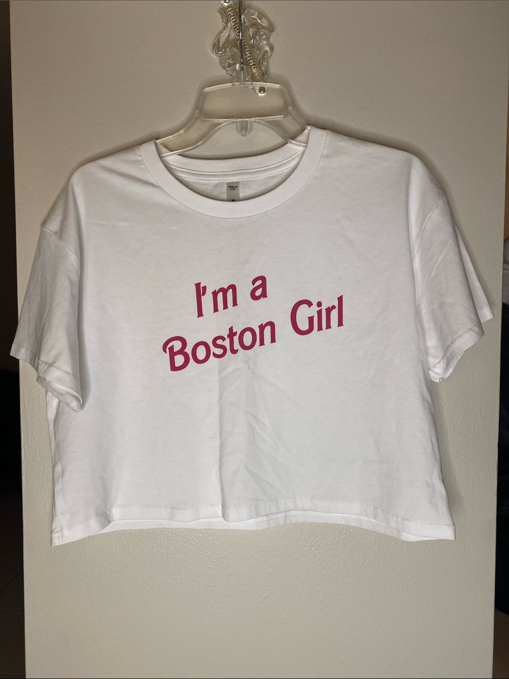 Brand New! I’m a Boston Girl” White Cropped Cotton Tee with Hot Pink Letters - M
